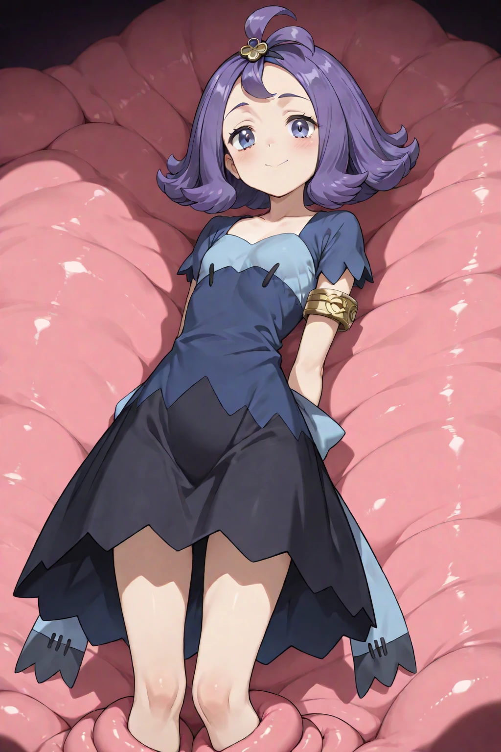 Colorful, Up-close, purple color hair, Ultra-realistic hair quality, Vibrant colors, Young Girl, 14years old girl, Beautiful long hair, Shiny hair, detailed hairs, Hair Ribbon, Single-sided up, Reo Mikage, Blue Lock, no sleeves, Sleeveless, open shoulders, Cinderella, drawing, Cinderella with panniers, Cinderella Dress, Lace dress, long dress, white stockings, stockings, Chest exposure, Lace underwear, Metamorphosis is exposed, buckle, Choker, Black Choker, complete fingers, Five Fingers, Two arms, Two hands, The tattoo, body tattoo, arm tattoos, Blue Rose Tattoo, Tattoo on the wrist, Tattoo on the thigh, Relative area, Sexy breasts, Big breasts, red blush, 1girl in, Solo, Sharp face, Heterochromia, Green eyes, Purple eyes, Bare neck, Happy face, light smile, skirt in dress, pannier in dress, bedroom sitting on the bed, bare foot, sandals, masutepiece, Ultra-detailed, Hyper-detailing, anime, anime style, Best Quality