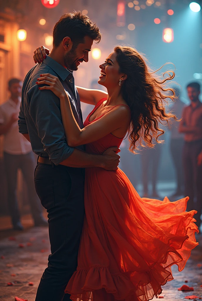Photorealsitic、Man and woman dancing salsa、Photo of beautiful woman in her 20s、RED dress、Well-formed body、top-quality