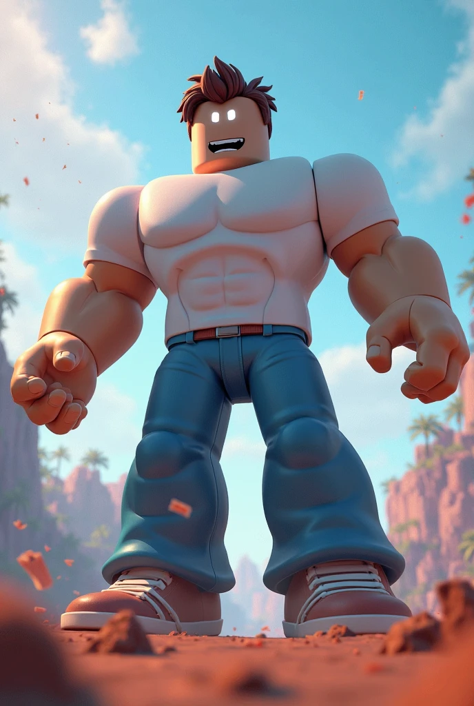 Roblox rule15 3D art, gfx chart, 3D gfx skins, Muscular body, 8 packs, gray shirt, shorts (black), shorts,Background of grass and clouds, shy face, beard, daddy style