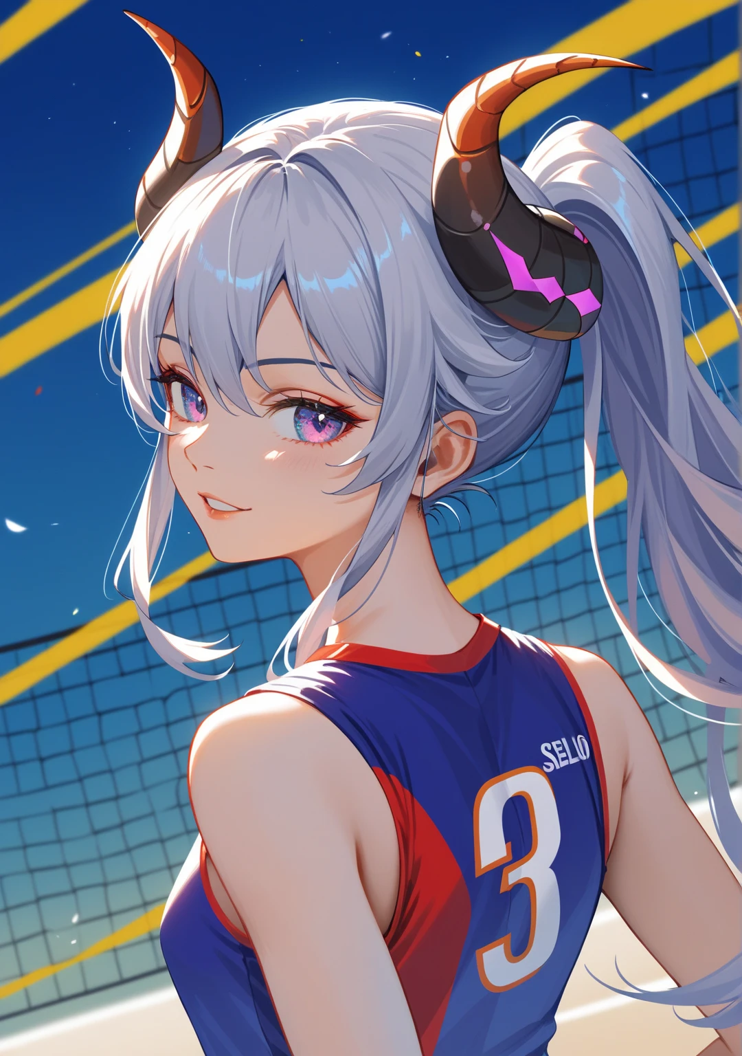 （dark skin,Silver Hair,Fox Girl）,(Perfectly detailed face),(Young) ,Volleyball Player,(((Volleyball Uniforms))),cameltoe,Sports Venues,sweaty,Smirk,High resolution, masterpiece, Highest quality, High resolution, Cowboy Shot