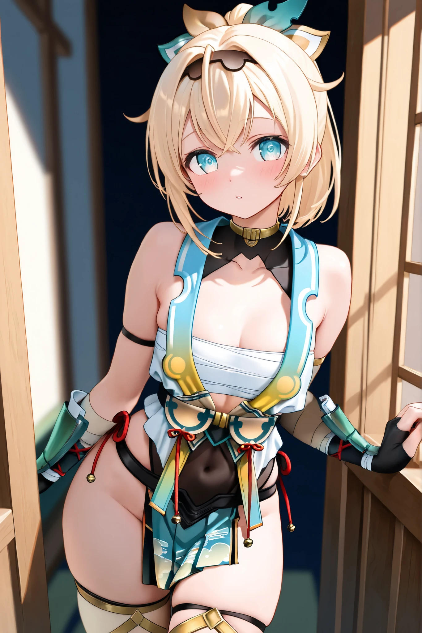 Fuu-Hououji、blonde、Bobcut、Glasseagic Knight Rayearth"、Magic Knight、Green Sailor Suit、Green ilver Breastplate、White shoulder rest、White gauntlets、Long sword、(((SFW、sound、Highest quality、first-clasasterpiece、Normal body、8k、Detailed face、Ultra-precision、Normal hand、Normal finger、5Finger、Highest)))、whole body、Wind、Skirt flipped up、I can see your pants、blush、Bondage、Constraints、Tied up with hands behind back、LockでBondage、Lock、Lockに繋がれている、Stuck、磔Constraints、Crucified、十字架にConstraints、両手を大きく広げて十字架にConstraints