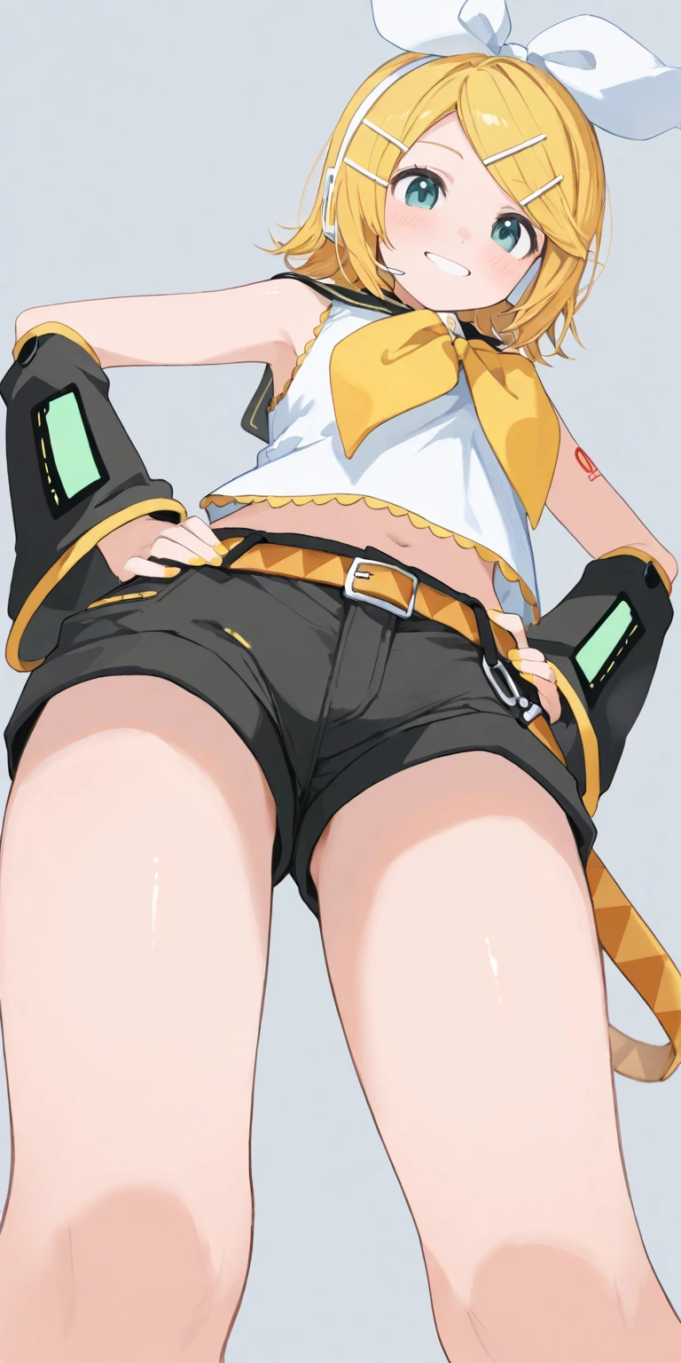 amicia michella - nijisanji, anime style, 1boyl, brown short hair, yellow inner hair, wavy hair, green eyes, detailed eyes, midriff, girly face, seductive, thin lips, painted lips, shy smile face, wide hips, thick thighs, huge round ass, full flat chest, bulge, white shirt, black medium skirt, thigh high, garter, full body, dynamic pose, office, nsfw