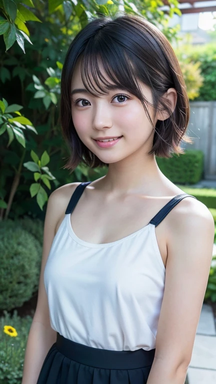 (highest quality:1.5)、(Realistic:1.5)、(1 person:1.5)、Very detailed、High resolution、8k、(Composition for taking upper body shots)、Small breasts、Natural color lips、Cute smile、Japanese women、20 year old girl、Arched thin eyebrows、Beautiful and elegant face、Cute face、(Large, balanced eyes)、Big Eyes、Fair skin、Beautiful and elegant face、Natural Bangs、Beautiful and thin nose、Beautiful Skin、Medium Bob Hair、Natural Bangs、Perfect and beautiful face、Slim face and figure、(Natural smileでカメラを見て)、(Bright lighting)、Professional Lighting、 (Lighting from the front)、Natural smile、Simple poses、Plain tight white micro tank top sportswear、The clavicle is visible、The navel is visible、(Open the navel)、By the stream、