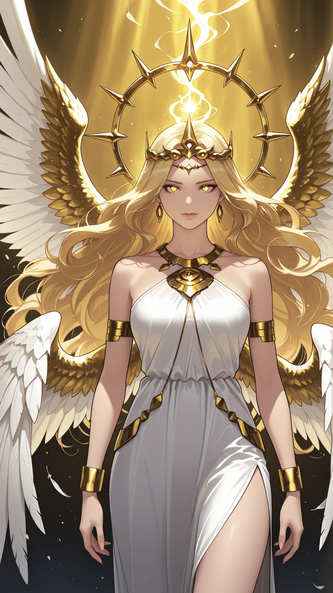 Create an anime-style female character with long flowing blonde hair and prominent golden eyes. She has a calm yet fierce expression, with her lips slightly parted. She is adorned in a white silk slit dress, gold necklace, gold bracelet. on her back are many wings with white feathers. Her outfit exudes power and elegance, incorporating golden armor-like elements and detailed embellishments. She wears a large, golden crown or halo-like headpiece with a jagged, glowing, yellow, pointed design, placed on her head, giving her a majestic yet ominous presence. Behind her, a dramatic backdrop of swirling golden and white energy or magical auras adds to her supernatural and majestic aura. The color palette is predominantly gold, silver, and white, emphasizing the fantasy theme with a touch of elegance and mystery. The overall atmosphere is intense, powerful, and enchanting, focusing on fantasy aesthetics.