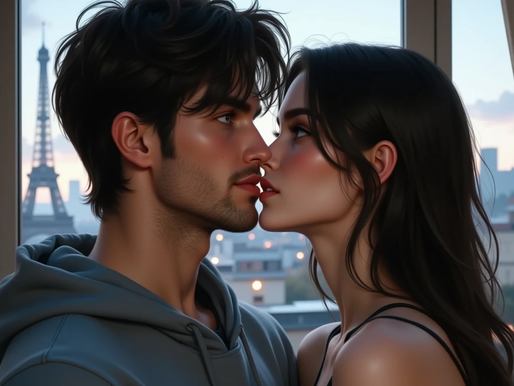 masterpiece, Superb Clothing, (illustration), ((2 people)), ((Handsome Young Couple Kissing and Hugging), (grindhouse style), Fashion, leather jacket, (long hair), (happy), (White skin), (dark circles), Handsome, , toast, trend, dark gray,, close up, (background), (chiaroscuro)), Exquisite facial details, facial details, movie lighting, (depth of field), ultra high definition, (Upper body), black background