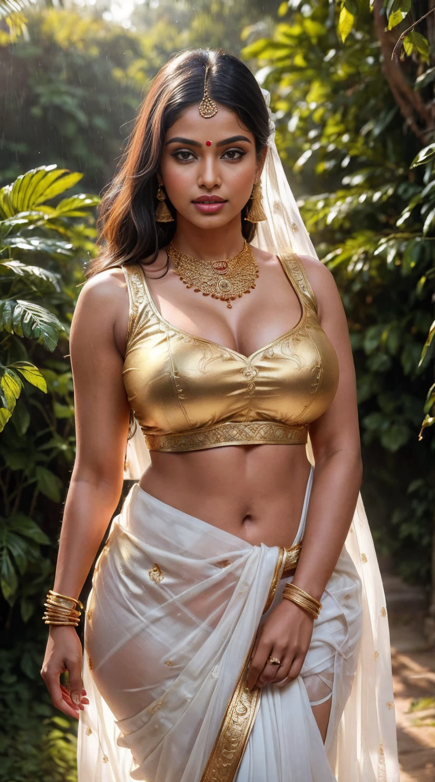 beautiful young maiden, standing in the rain, large breasts, long hair tied in a bun, wearing a shirt and a transparent golden sarong, wearing heavy makeup, long eye lashes, eye mascara, wearing golden ornaments, long earrings, necklace, arm bands, bangles, nose ring and waist chain, wet clothes, worried look, snow capped mountains in the background