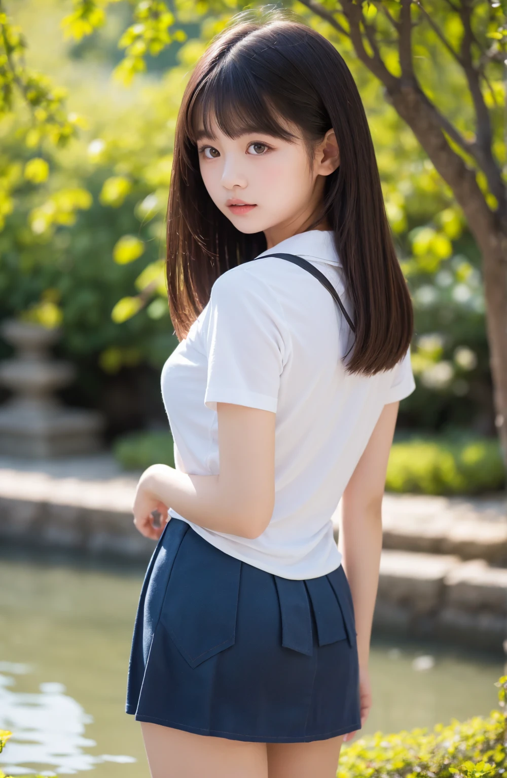 Japanese、high school student、beauty、Facing forward、Kind eyes、Frightened expression、mini skirt、Polo shirt、Arms are behind the back、