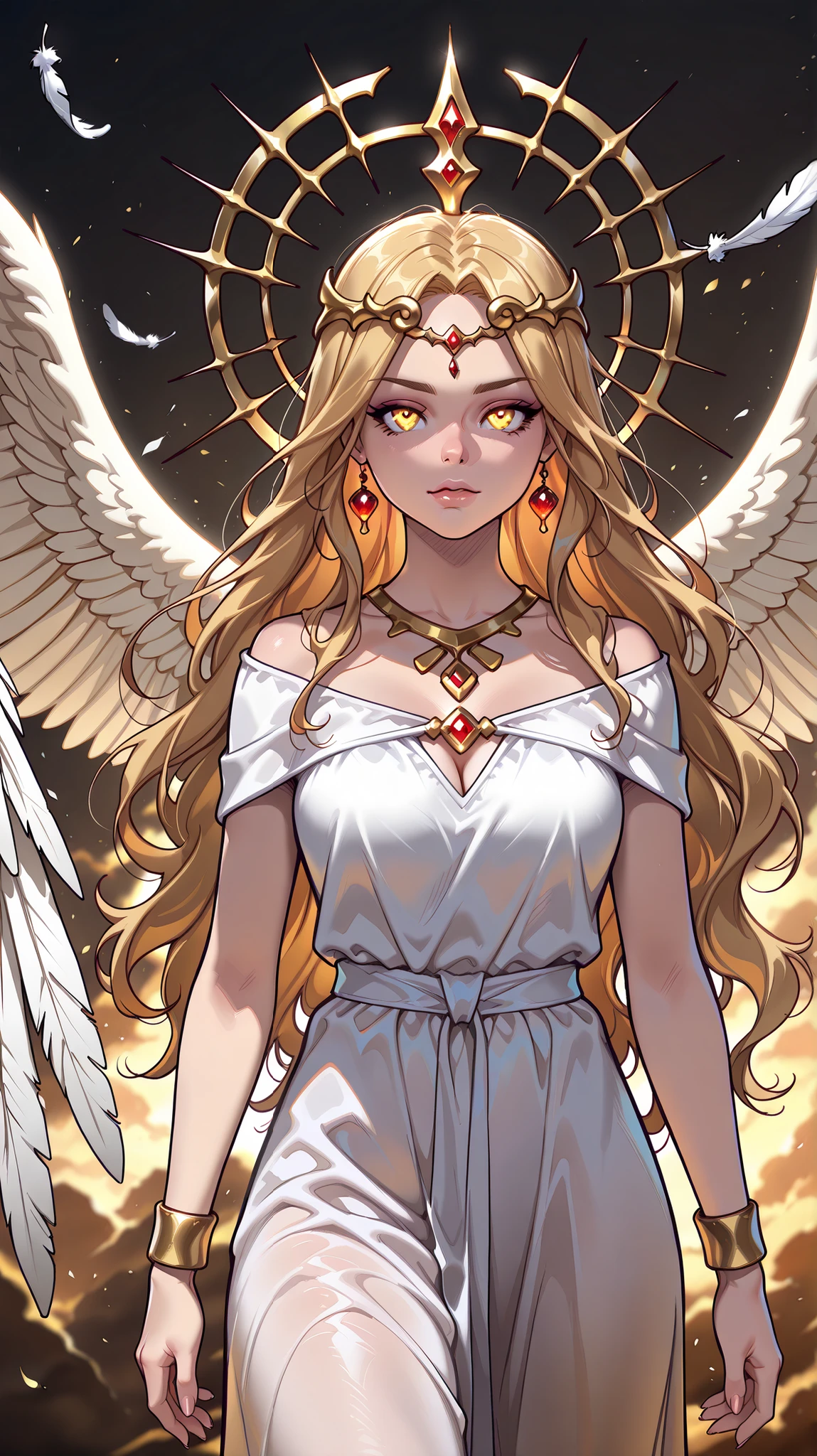 Create an anime-style female character with long flowing blonde hair and prominent golden eyes. She has a calm yet fierce expression, with her lips slightly parted. She is adorned in a white silk slit dress, gold necklace, gold bracelet. on her back are many wings with white feathers. Her outfit exudes power and elegance, incorporating golden armor-like elements and detailed embellishments. She wears a large, golden crown or halo-like headpiece with a jagged, glowing, yellow, pointed design, placed on her head, giving her a majestic yet ominous presence. Behind her, a dramatic backdrop of swirling golden and white energy or magical auras adds to her supernatural and majestic aura. The color palette is predominantly gold, silver, and white, emphasizing the fantasy theme with a touch of elegance and mystery. The overall atmosphere is intense, powerful, and enchanting, focusing on fantasy aesthetics.