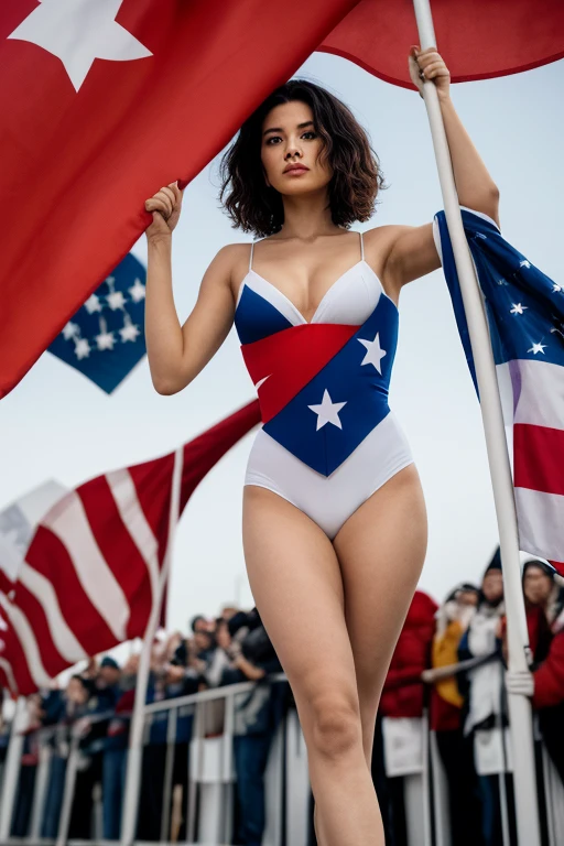 Soviet girl on propaganda poster. Showing cutting-edge 1990-s bikini. Brown hair. Firm tits and ass. Turned showing her ass. Bending over.