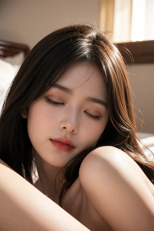 ulzzang-6500-v1.1, (RAW Photos:1.2), (Photorealistic), (Genuine:1.4), (Mastepiece), masterpiece, Absurd, The finer details, High resolution, Highly detailed face and eyes, Photorealistic, (Random Porn Pose),(Random Hairstyles), One girl, ((Lying on your back))、Black Hair, Quiet sleep、Deep sleep、peace of mind、 Adult, Fully mature, wearing a see-through nightgown、Close your eyes and wait for a kiss、Full Body Shot:1.3