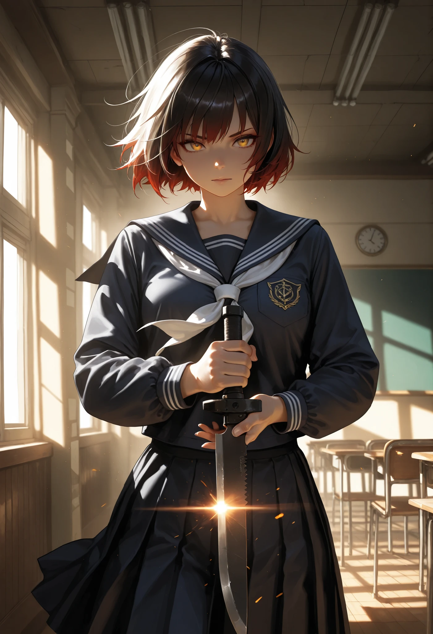 atlas, completely integrated, solo, holding weapon, extreme sharp knife, highly detailed, cinematic lighting, dramatic atmosphere, masterpiece, 8K, photorealistic, ultra-fine painting, physically-based rendering, dark fantasy, dramatic lighting, moody colors, muted tones, dramatic shadows, 
hold in her hand, moving attack to slash, fierce high-speed combat, motion blur effect, wearing JK style, high quality school room background, 