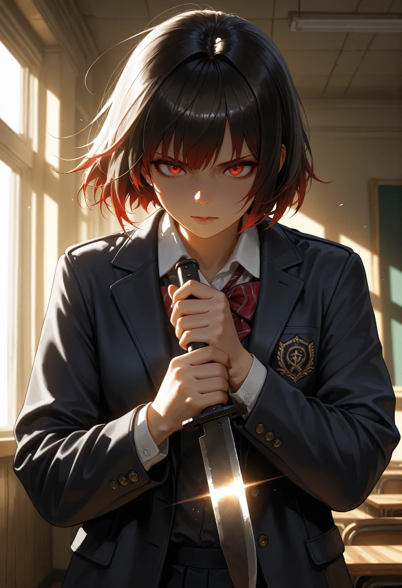 atlas, completely integrated, solo, holding weapon, extreme sharp knife, highly detailed, cinematic lighting, dramatic atmosphere, masterpiece, 8K, photorealistic, ultra-fine painting, physically-based rendering, dark fantasy, dramatic lighting, moody colors, muted tones, dramatic shadows,
hold in her hand, moving attack to slash, fierce high-speed combat, motion blur effect, wearing JK style, high quality school room background,