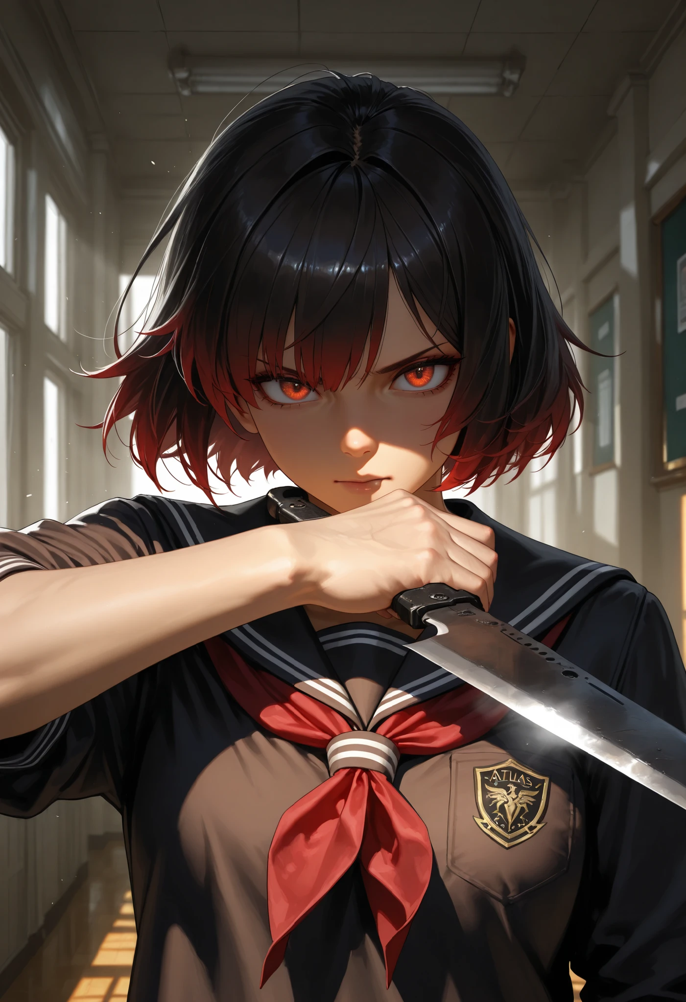 atlas, completely integrated, solo, holding weapon, extreme sharp knife, highly detailed, cinematic lighting, dramatic atmosphere, masterpiece, 8K, photorealistic, ultra-fine painting, physically-based rendering, dark fantasy, dramatic lighting, moody colors, muted tones, dramatic shadows,
hold in her hand, moving attack to slash, fierce high-speed combat, motion blur effect, wearing JK style, high quality school room background,