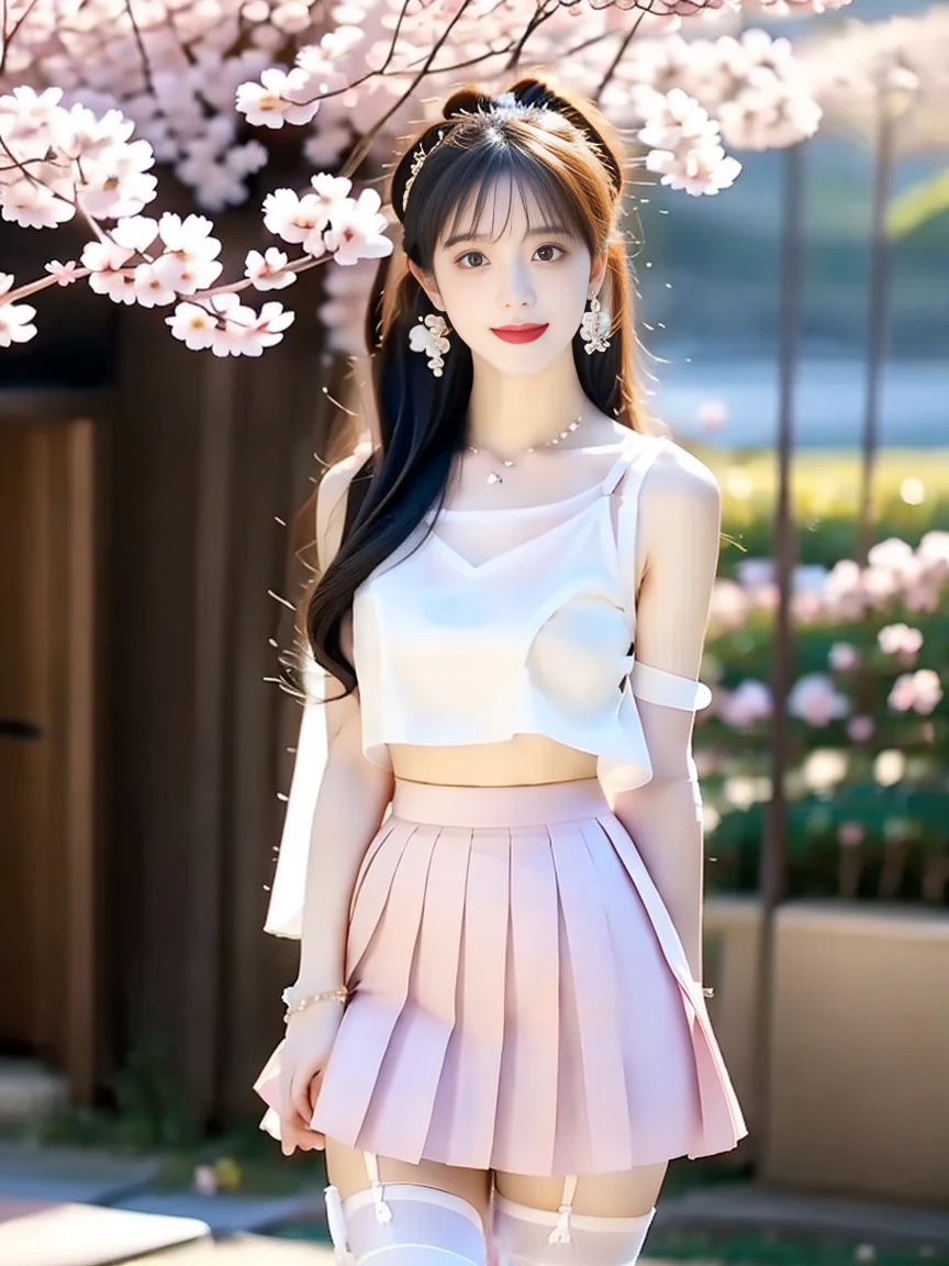 astolfo_srf, ((knee shot)), red lips, Mature woman, Exquisite makeup, lifelike、The real situation、Warm colors, ((Realistically:1.5))、White phalaenopsis around the hair,Lilac dendrobium、White Lily、1 girl、Brown hair、Flowing hair、Full breasts, slim, Slender sexy legs, Striking an elegant pose, Flip the skirt, Bare shoulders, Have extremely beautiful facial features、Hairpin on head、Perfect hands、(night、moon、cliff)、 vector art、Chinese Contemporary Art、Soft Light、look down, correct, 解剖学correct