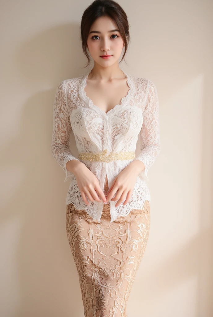 Create a realistic, UHD, 8K visual of a young korean woman with an pear body shape standing elegantly in a beautifully decorated room. She is wearing traditional Indonesian attire, consisting of a white lace fitted kebaya with v deeps cuts showing her bare larged-size chest, a batik sarong with intricate patterns, and a brown scarf draped over her shoulders. Her long hair cascades over her shoulders, and she wears a delicate smile, exuding grace and poise. The background includes a round mirror with wooden accents, a green door, and a painting of a man in traditional attire. There are also indoor plants adding a touch of greenery to the room, and the yellow tiled floor complements the warm and inviting atmosphere. Describe the setting, her attire, and the cultural significance of her clothing and surroundings