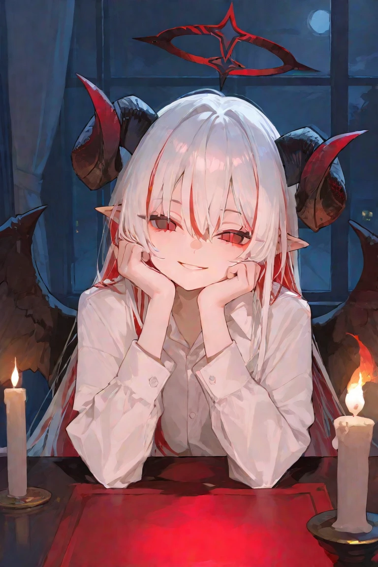 (Masterpieces: 1.2, highest quality), (Best lighting, very delicate and beautiful), (Best lighting, very delicate and beautiful), (Beautiful Detailed Face), (Detailed Eyes and Detailed Faces: 1.2), Fantasy, Vampires, (Young Girl, Little Beast, 1girl, Solo, Crazy Smile, Pale Skin, White Hair, Red Glistening Eyes, Blood Tears, Blood dripping from Fangs, pointy_ears, Fangs, Bat Wings, Demon Horns, (blood on the face))), dynamic angle, dynamic pose, vampire vangs,vampire fangs), (bright classroom of middle school in background, crowd of classmates, friendly, smiling, peace, studying), (depth of field), (blood splash: 1.4), cowboy shot, full body,