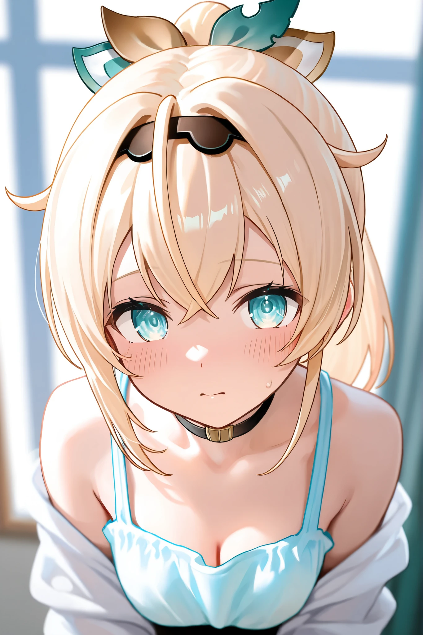 (masterpiece:1.5、Photorealistic:1.4,High Saturation:1.4、high resolution:1.4)、,(spot light:1.2、Exquisite beautiful eye:1.5,)、
(kind eyes、tareme:1.4),()、(Cute Face、Eyes in Love:1.4)、(blonde hair:1.5)、(middle hair:1.5),(sidelock :1.6),(blunt bangs:1.3),(1 girl)、(blue eyes:1.2)、(upper body:1.5)、(sleepy:1.5),()、(Relax on the sofa:1.3)、(head tilt) ,(),(flat chest),(),(white lace bra:1.5),(Tie your hair together:1.5,),(A room full of plants:1.5)、()、()、Slim Body(),Shiny Hair、girl、