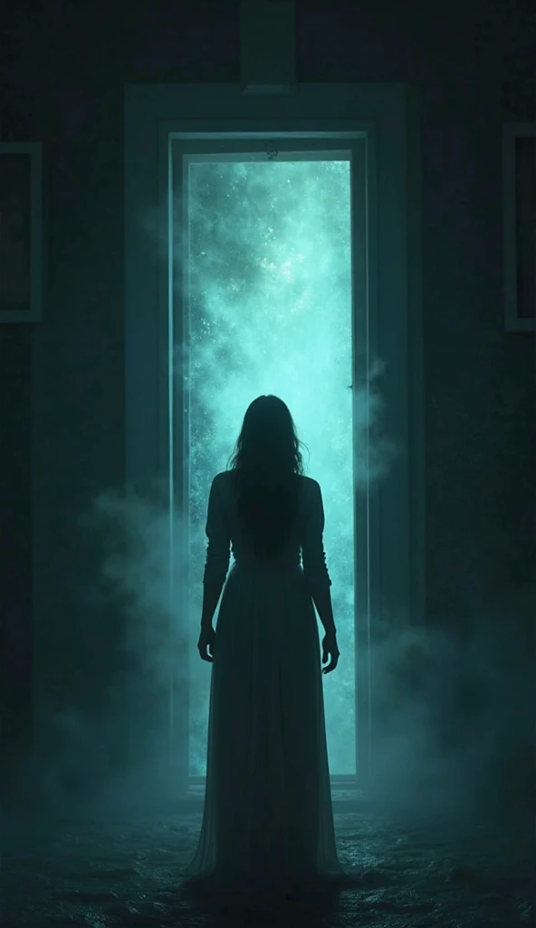 A woman walking away from her door in her room,scary,night,fog