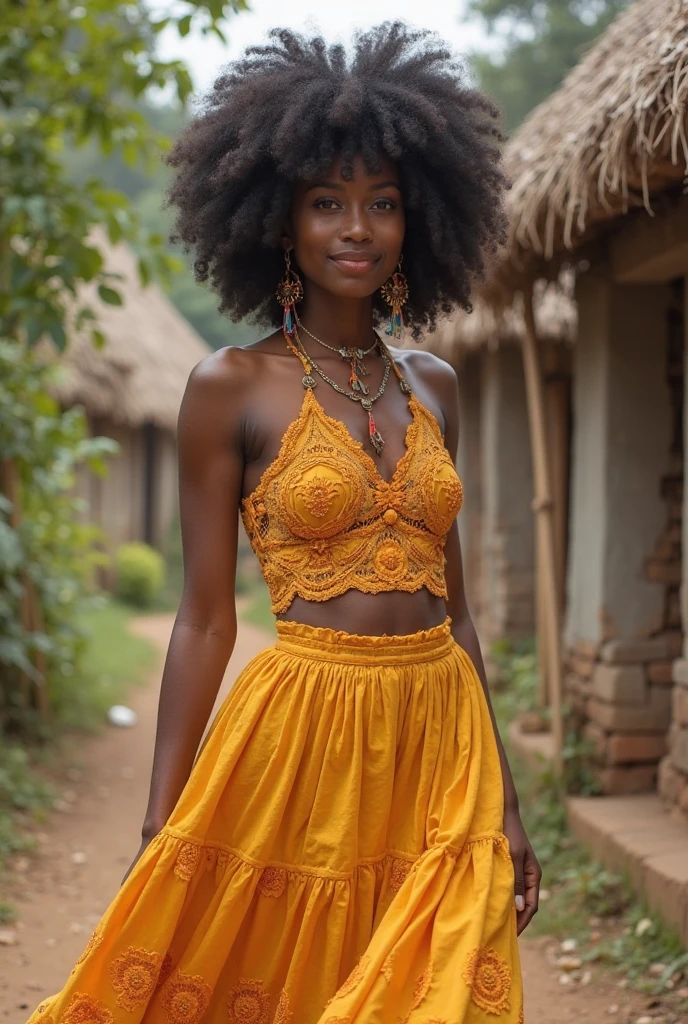 A woman wearing a fashion outfit. Statuesque black woman, smiling, aged 30. Slim busty beautiful model. Alternative, boho chic style. Top is colour Burnt orange with a crimson ombre. Asymmetrical one-shoulder top, silk top with a laser-cut pattern. Indigo leather jeans roughly sprayed with silver paint. tattoos, long dark curly hair, wedge heels. Silver necklace bracelet ankle chain. outdoors