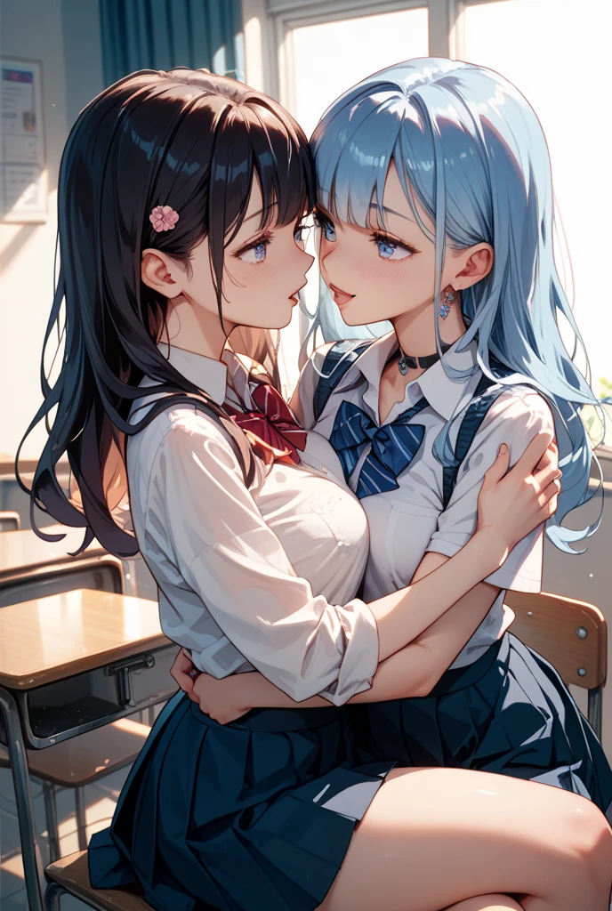 (Cute eyes:1.2), (classroom:1.2),(Beautiful Eyes:1.2), Highest quality,wonderful,finely,Highly detailed CG Unity 8k wallpaper, (Hug from behind:1.5),(Put your hands in your panties:1.5),(sexual harassment:1.5),(Love juice:1.3),(kiss:1.3),(Two people with an age difference:1.5), (Two Girls, Sailor suit, Skinny body, Dressed), (Huge breasts), (Open your mouth:1.1),(White knee socks:1.3),(Thighs:1.3),(Waistline:1.2),(お揃いのSailor suit:1.2),(From behind:1.2),(Beautiful eyes:1.2),(Different hairstyle),(They both have different eye colors:1.5),(They both have different skin colors:1.5),(Long knee socks:1.2),(Very short skirt:1.3),(Arms don&#39;t stick together:1.2)