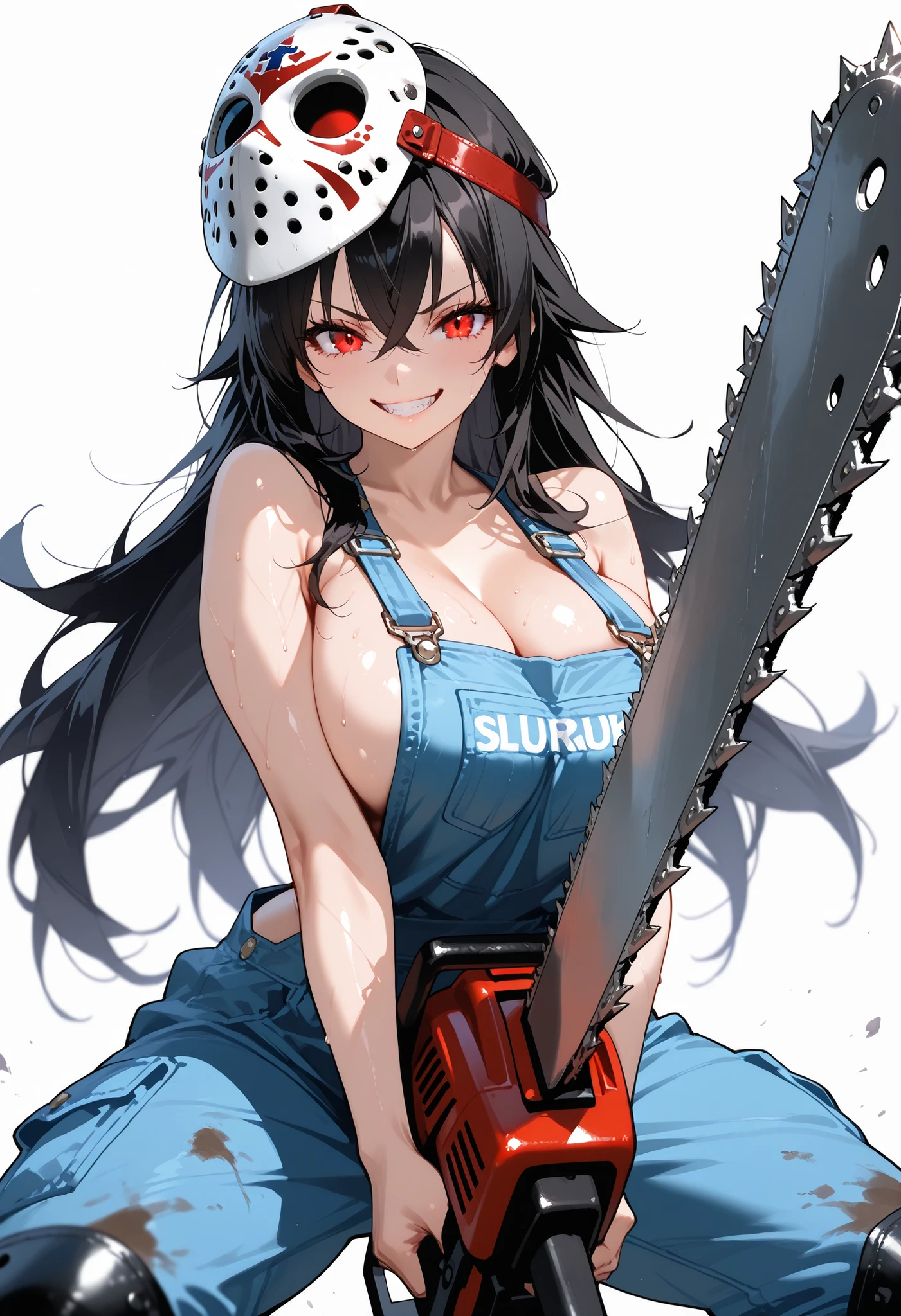 anime girl, pale test, black hair with cat ears and bangs , cat's tail, large breasts 1.9, big fat thighs 1.9, voluptuous body , A striped top that only covers the breasts and is sleeveless, in red and maroon., very short white shorts and thigh-high stockings, black shoes, black eyes with white star-shaped pupils, black headphones on the head , with a knife in hand, her face stained with blood, and a look of satisfaction