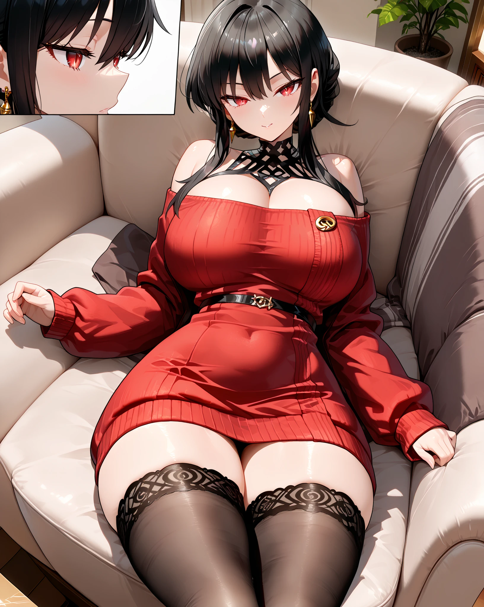 Young 性感of woman wearing a red dress sitting on a chair, 昏暗of灯光, 性感of, 热of, of((Large Breasts)))Breast sagging、Low-cut(((Cleavage )))、(((Wide hips,)))(((Hourglass figure)))((Long legs))