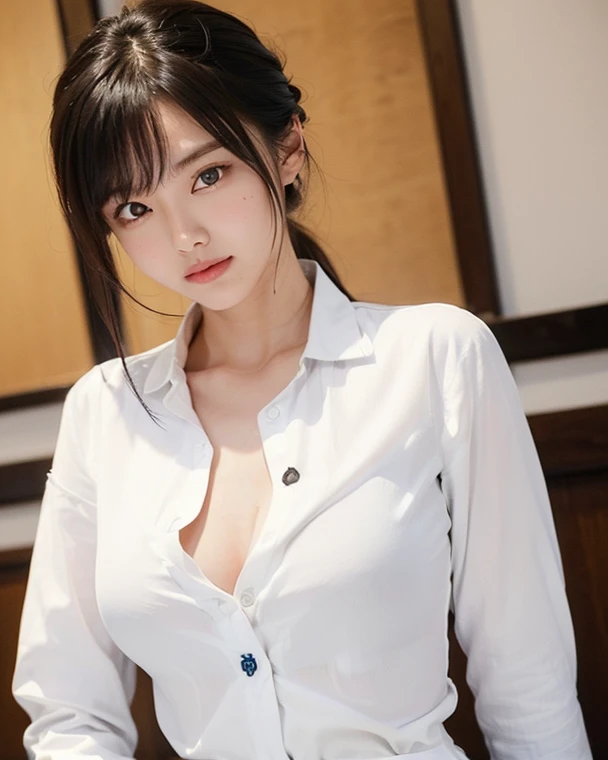 Highly detailed CG unity 8k wallpaper, of the highest quality, Super detailed, masutepiece, Realistic, photographrealistic, extremely detailed cute girl, 25yo, cleavage , (perspired) , Round eyes, peeping at the viewer, Blush, Smile, parted lip, Semi-body shot , Realistic、track suit、Realistic reproduction with vests , Panties , Squat, sports gym, short hair