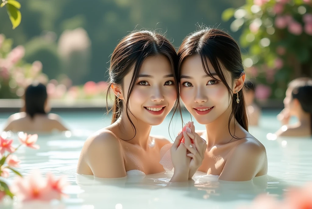 2girl, (elegant face, the happy mood), (cleavage, cute bikini:1.2), (She closes her eyes in a dreamy mood while soaking in the hot springs), (Best Quality:1.4), 8K resolution, High resolution, Ultra High Definition, Superior Quality, Premier Quality, ultra detailed, Photorealistic, RAW Photos, highest quality, masterpiece, professional photography, Realistic portrait, Beautiful detailed, Outdoors, open-air baths, (forests, Soaking in the hot springs at night, rock bath hot springs at night:1.2), trees, plants, (hot spring steam:1.5), (Close up portrait of girl:1.2), (Fine face:1.2),