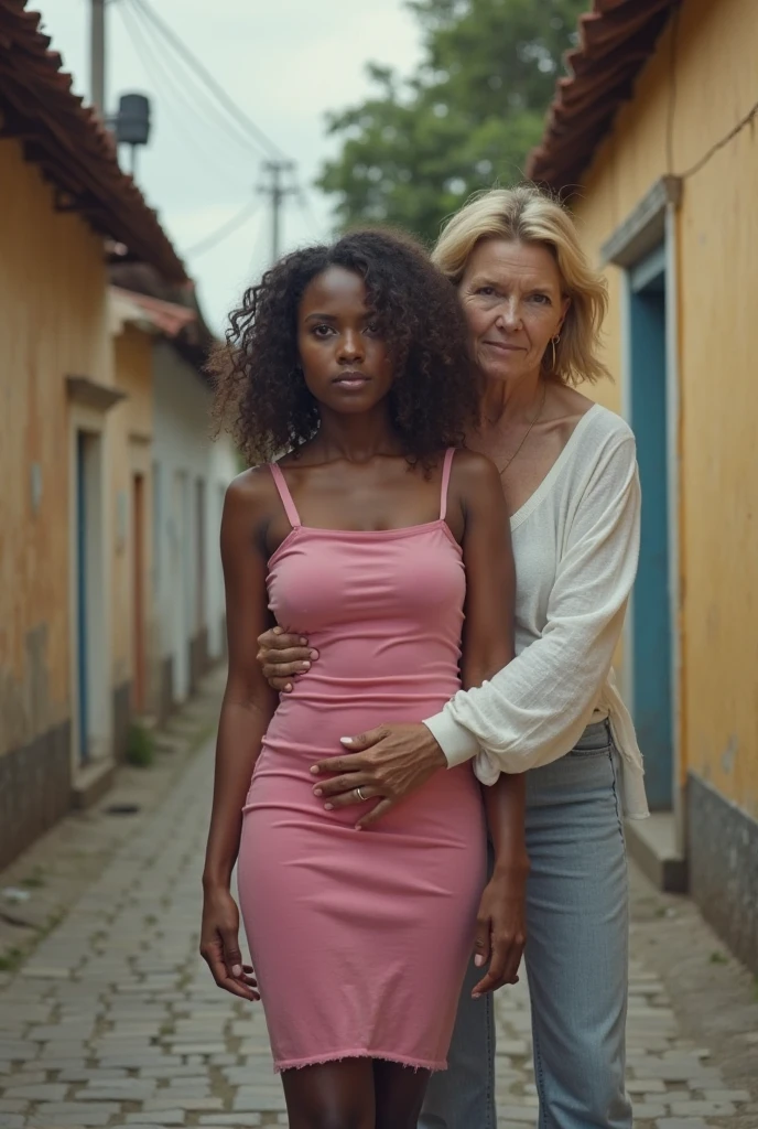Young blonde slim teen with several african old men in a African street
