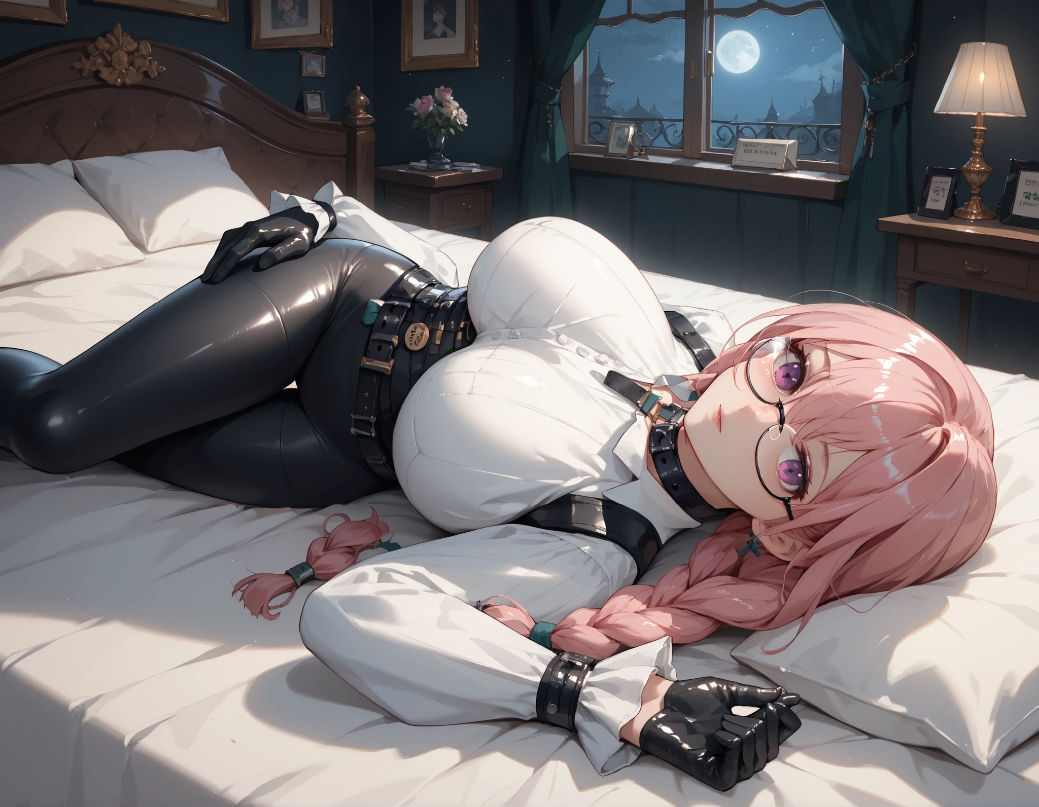 Bigboobs,Two legs,White knee-length stockings,(Princess cut hairstyle),short detailed hair,Sideburns have long hair,wearing round glasses,in library,looking at book,lendo livros,Deep V one-piece swimsuit