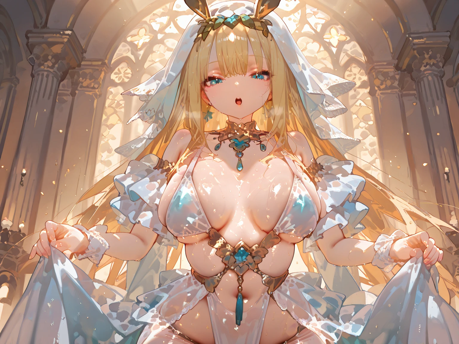 masterpiece, best quality), best resolution, (3heads:1.5), 1girl, yellow hair, yellow eyes, smiling, fantasy woman, extremely tall, white dress, huge breasts and thighs, piercing gaze, strong and confident expressions, moon background