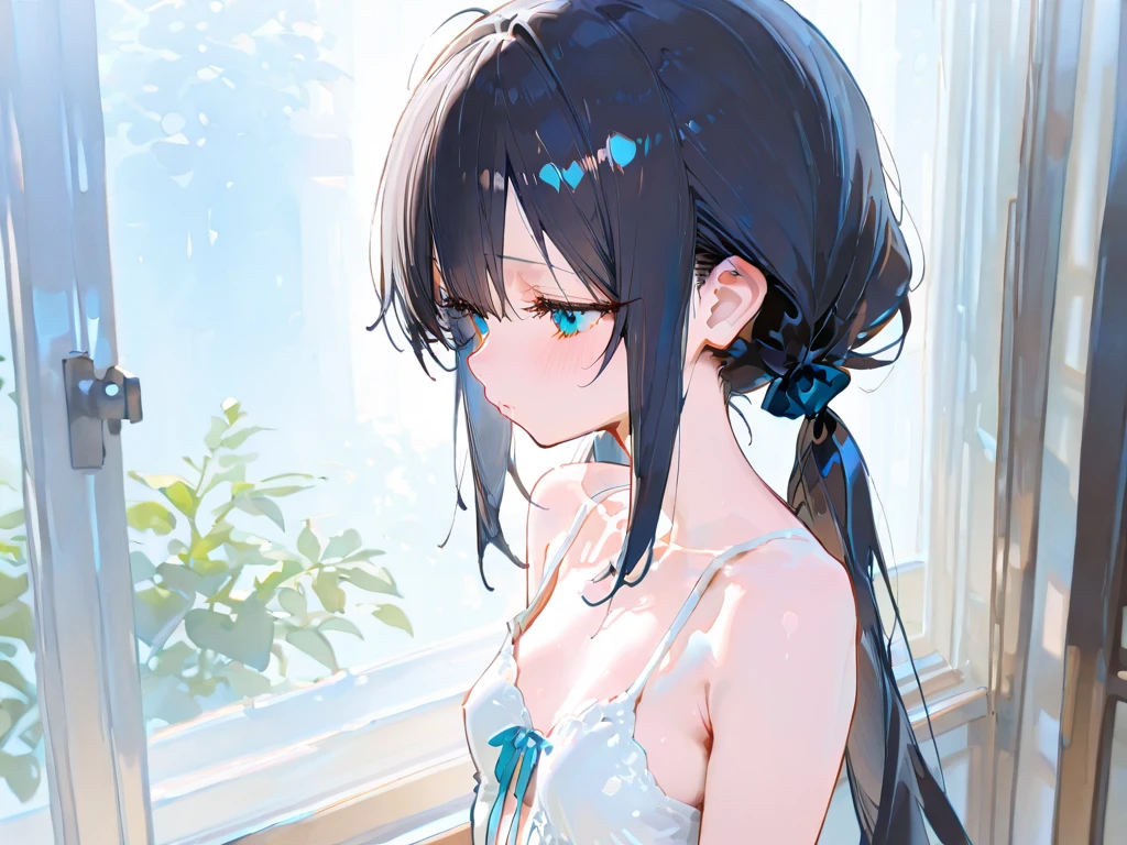 Create an illustration of a girl with black hair and blue eyes, sitting in a chair in front of a desk, Sentimental, Introspective look。, The moonlight gently shines into the room, Gently illuminate the space, Curtains sway in the wind, Increase tranquility, Dark mood, Emphasise the theme of loneliness, silence, And the depths of night, The room is dark、dimly lit by the moonlight