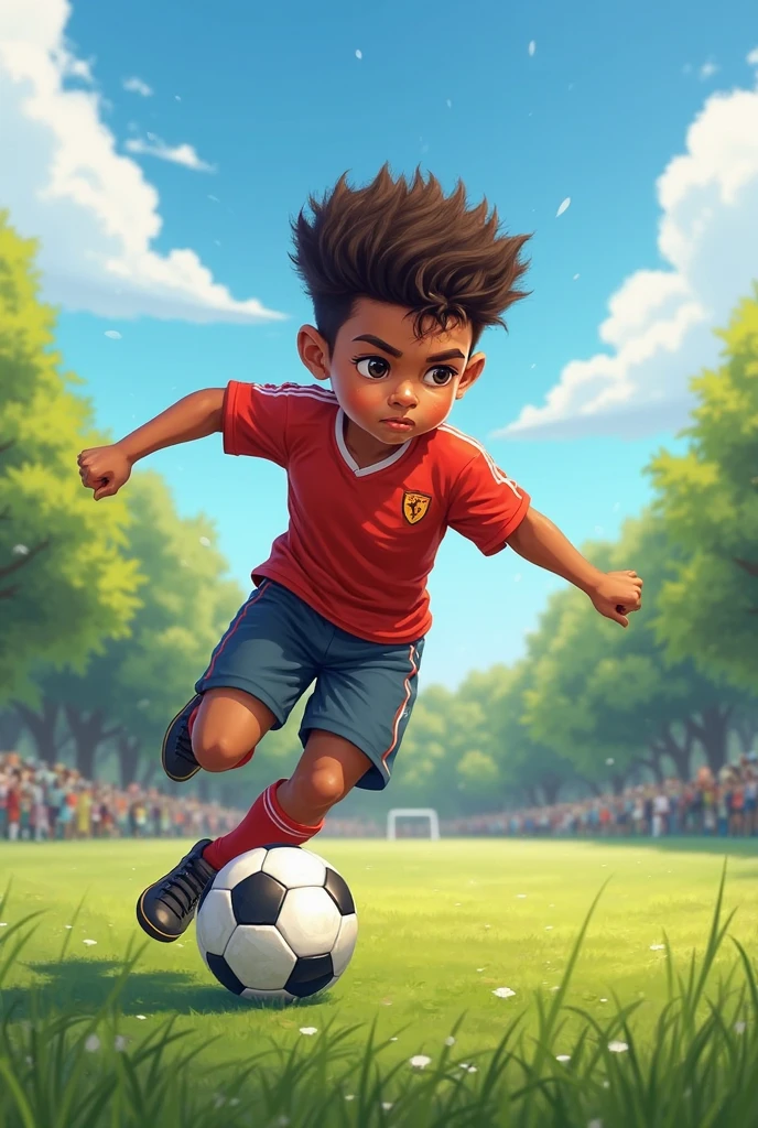 A 12-year-old Caucasian teenager, flying towards a soccer ball that was going to the corner of the soccer goal, He is a soccer goalkeeper with red clothing and pink cleats. 