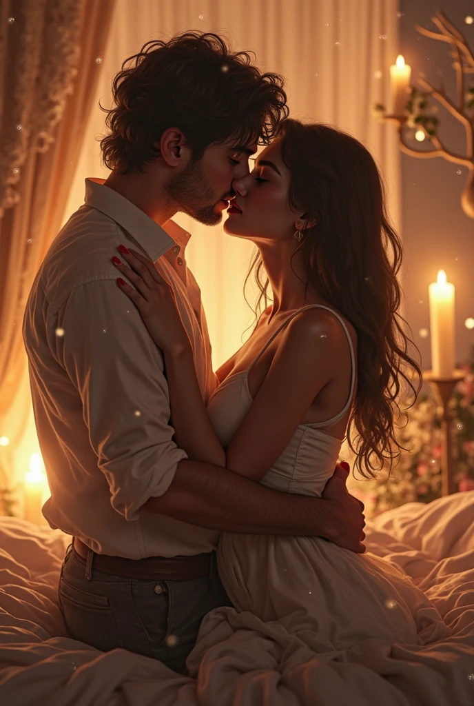 A woman and a man are in love in their room, with their lights turned off while a bunch of candles light up their way. Roses are spreaded on the bed while they kiss passionately on Valentine’s Day