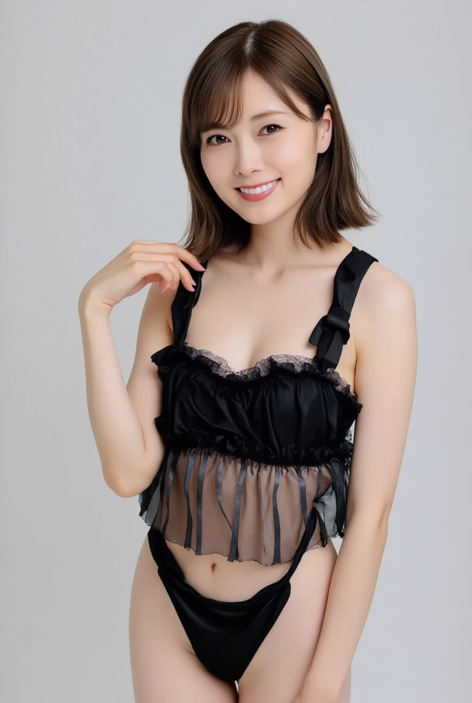 (highest quality, 8k, 32k, masterpiece, Ultra-high resolution:1.2), Professional Lighting, Flash photography, Shaded photo, (Head to Toe:1.5), (Plain grey background), (Cyclorama photography studio on a plain grey background:1.5) (full body:1.2), (standing:1.5), 1girl, extremely detailed face, beautiful detailed eyes, beautiful detailed lips (Smiling, showing white teeth:1.5), (bob cut black short hair:1.5), (blunt bang:1.5), (large breast:1.4), Big Ass:1.2, (show off under hair under panties), can see belly button:1.3 BREAK (black theme:1.5), (Lace see-through off shoulder bandeau:1.5), (Panties with detailed lace:1.5), (fluffy fur material Knee-high boots:1.5), (fluffy fur material shoulder pad:1.5), (fake cat ears:1.5), (black fluffy fur arm cover:1.5), (show off underboob:1.5), (fishnet stockings:1.5), (garter belt:1.5), choker, necklace BREAK