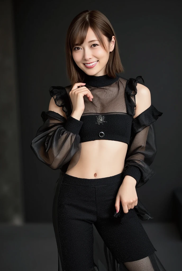 (8k、Raw photography、Highest quality、masterpiece:1.2),(Black Hair、Dark Eyes:1.9),(:1.6)、View your audience,Viewed from the front,White skin,(:1.4)、(Tight waist:1.6)、(Clothes that accentuate the shape of the breasts:1.0)、(Big Breasts :1.3)、Slim figure、Ultra-high resolution,beautiful,beautiful fece,(One person、No background:1.9),whole bodyボディー,Japanese women,(reality的:1.37)、Photon Mapping,reality、(Baby-faced and cute: 1.4)、(Cute Smile: 1.8)、(Round face: 1.8)、Radio City、Physically Based Rendering、Depth of field rally background、photograph, (I can see your knees、Thigh close-up:1.8),(:1.6),whole body、Great quality