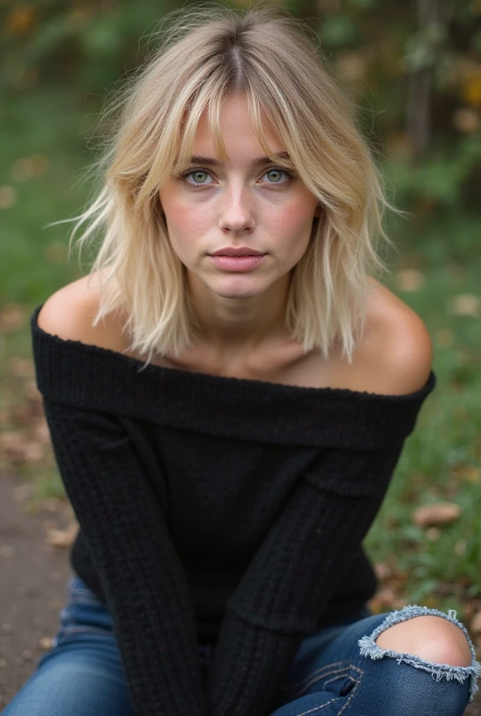 photo of S444_SkyPierce,a stunning woman,in a (forest:1.1),wearing a (sweater),(leggings),(4k, RAW photo, best quality, 50mm, depth of field, ultra high res:1.1),(intricate, photorealistic, cinematic-shot, masterpiece, ultra-detailed:1.1),