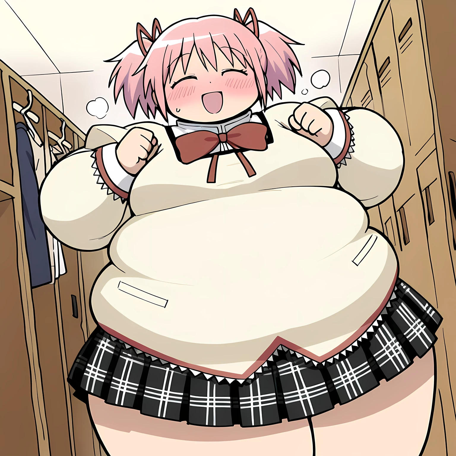 (best quality, masterpiece:1.2), ultra detailed face, obese 1girl, obese kaname madoka, pink hair, short twintails, small breasts, embarrassed, obese ,
simple background,
madoka outfit,
red shoes, globe, socks, layered skirt, frilled skirt,
sitting, from side, hands on floor,