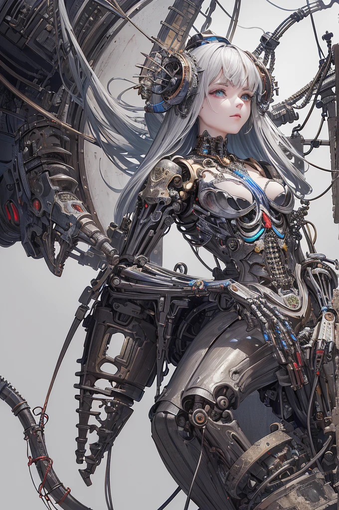 best quality, 32k, RAW photo, incredibly absurdres, extremely detailed, delicate texture, mechanical puppet, beautiful princess, silver braided up hair, tiara, (cylinders, pistons, gears, IC chips, printed circuit boards, resistors, capacitors), fantasy, CG, 3D
