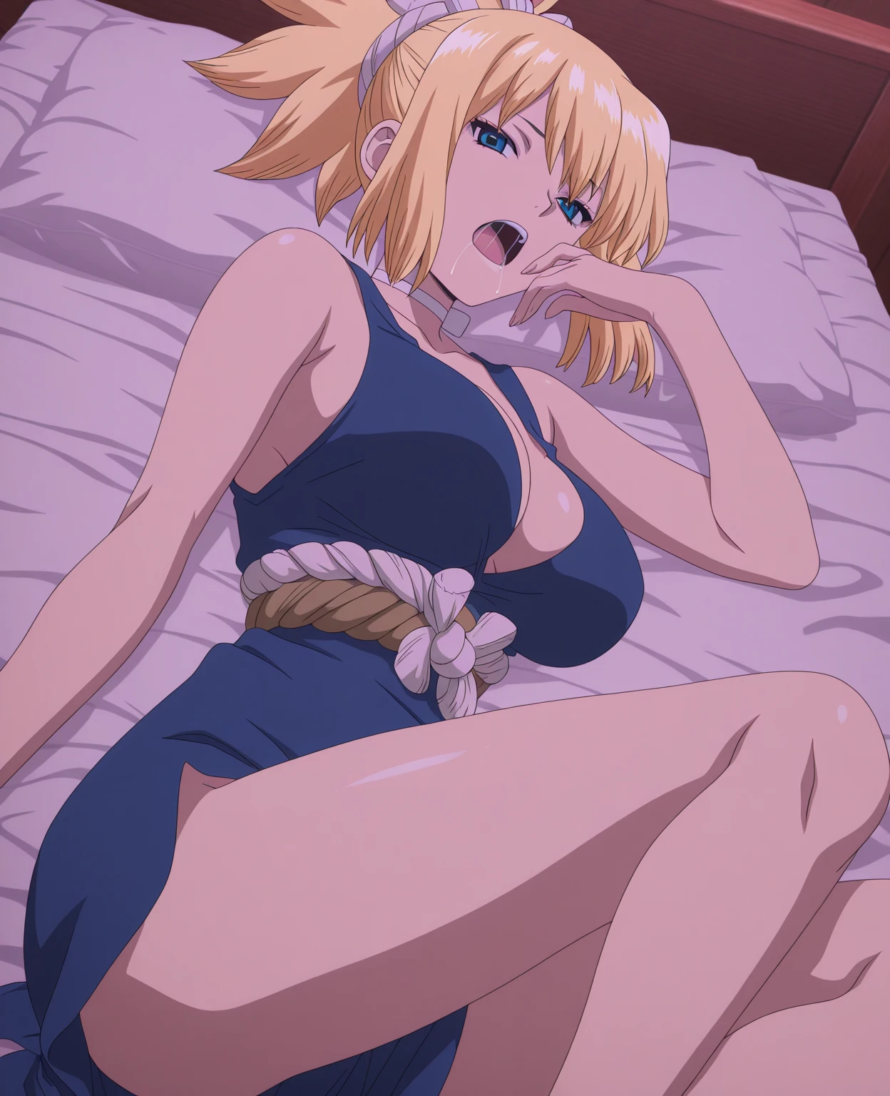 (masutepiece, Best Quality, High resolution:1.5, anime colours, megami magazine:1.2, anime poster style, anime keyvisual, sharp, 8k, photorealistic), (beautiful eyes:1.5, beautiful face), Alice Zuberg, 1girl, solo, Cute, (white headband), (blond Long Hair, hair braid), blush, (sagging huge breasts), (blue bikini), (lying, on back, lie on bed:1.5), (cowboy shot, spread legs), (Perfect detailed Anatomy, beautiful detailed hair, perfect detailed body:1.2, shiny skin), (thick outline, Beautiful outlines, black outlines),