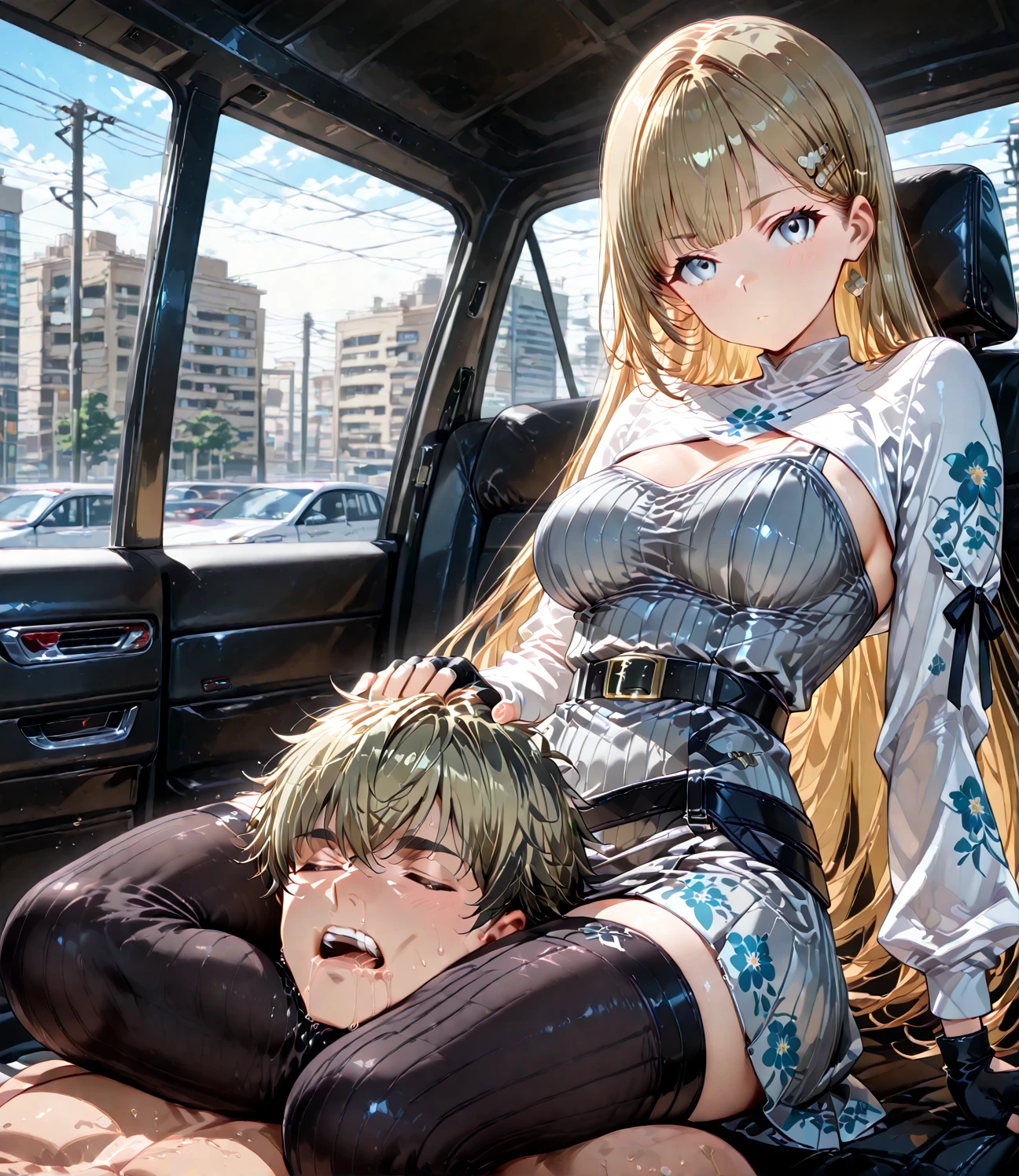 Male arab modern terrorist, terrorist, black balaclava, black bandage, white  eyes, black clothes, thin waist, femboy, light skin, makeup, black eyeliner, big eyelashes, black eyeshadow, choker, inside the car, desert, night, rain, hetero duo, 1girl, brown long hair girl, girl without a mask, makeup, penis, penis in her pussy, sex