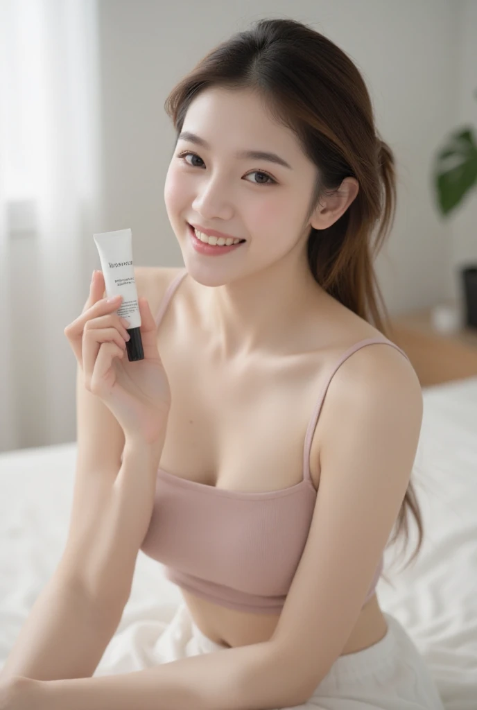 Highest Resolution, 4K, masterpiece: 1.3), japanese, sloppy looking, average weight, average face, A Japanese woman holding a bag of supplements, 1 photo of a woman, sexy: 1.1, Narrow eyes, Slim figure, Underbust,White Lingerie, Realistic teeth, double eyelid, smile, Bedroom