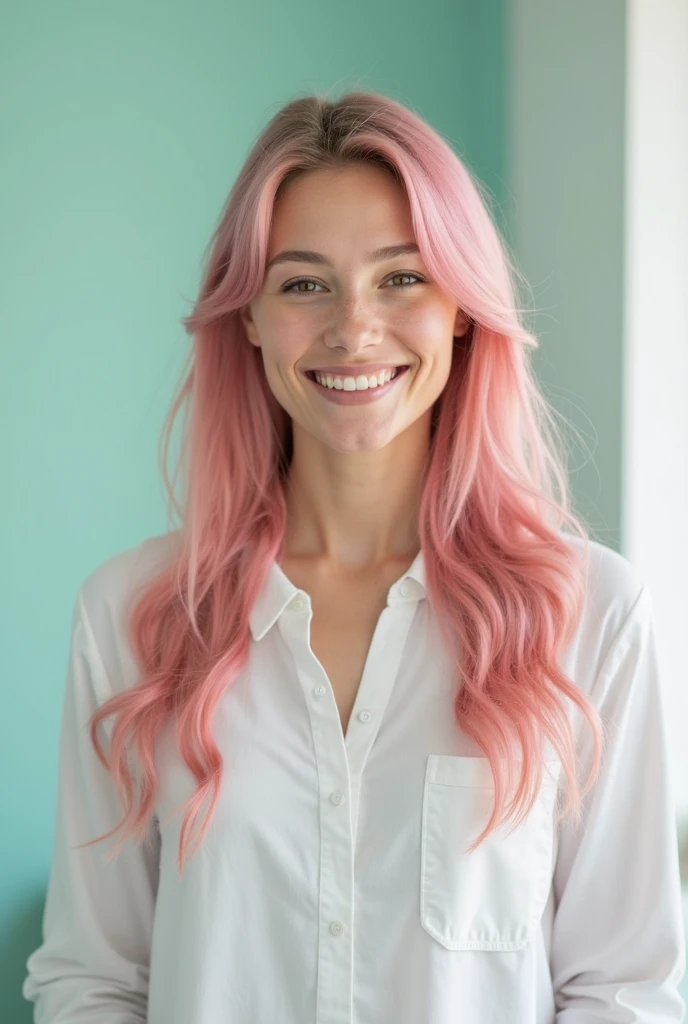 a pretty woman, 36 years old, pink hair, pretty face, Green Shirt, black tights, black riding boots, FULL BODY shot