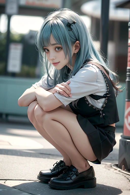 1 Anime Girl, alone,Blue Hair,blue eyes,Black petals flutter, Mysteriously glowing butterfly.city,hatsune miku,鮮やかBlue Hair,Bright blue gemstone eyes,Twin tails,Thin legs,Gloomy cloudy sky,Sad expression,Very clear,Highest quality,rainy city,Street Corner,Are crying,tears,Face close-up,Sit on the water,barefoot,heavy rain,Look to the side
