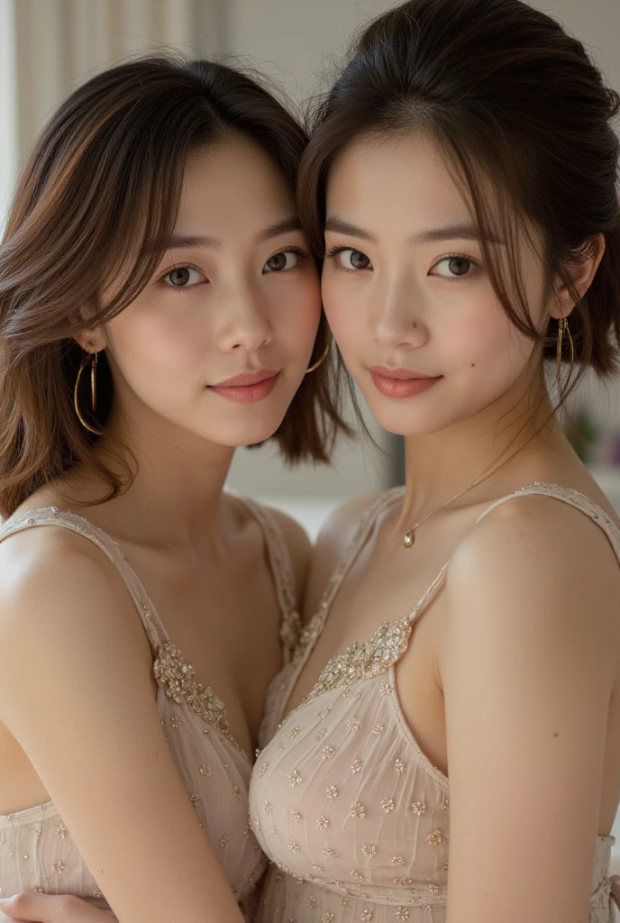 (8k, highest quality, master pee: 1.2), (hair, _style), (realistic, photorealistic: 1.37), highest quality, master pee, simple shooting studio room with natural light, [small breasts], two models with different atmospheres, one of the two in perspective and balanced, one photo, high balance, waist up, Camera angle with background facing up, hands holding hair to ears, hair set and summer yukata style to match the trend of 2023, 3 years Japan for two, realistic, realistic, super detail, beautiful face, 30s, actress, half Japanese and Russian model, elaborate CG, slender, adorable, mature, long model and bob model for 3 years Japan, hair fluttering in the wind, delicate skin type, Hair with fine details and softness, model hair color is slightly bright and soft, glossy makeup, yukata is gentle color and cute impression