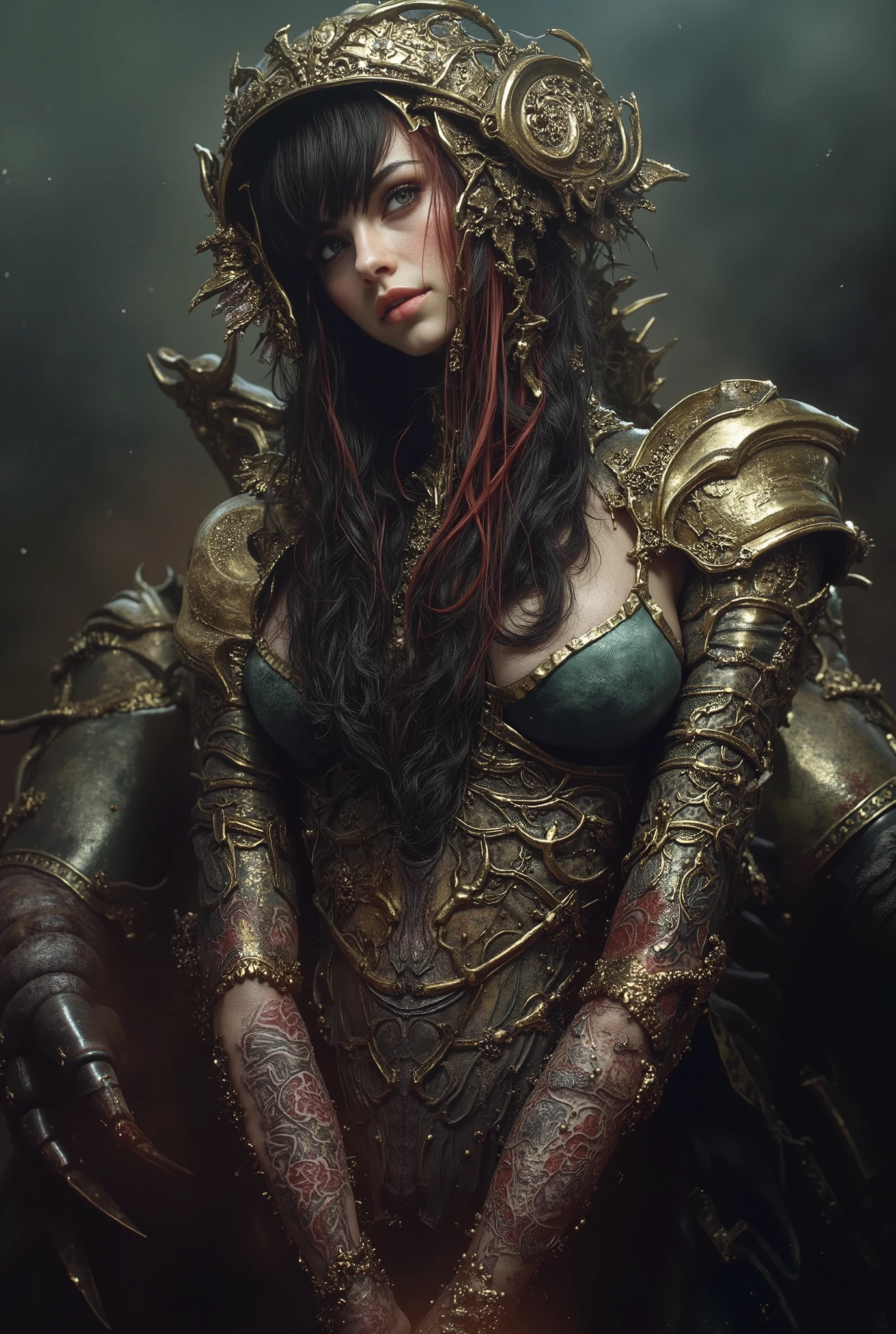 Terrible Phantom Combining Scorpion and Beautiful Girl, Precise Details, Terrible Expressions, poison々Nice appearance , Strong Offensive Poses, Dark Fantasy Backgrounds, Cursed atmosphere, disaster々Shiny Colors, Masterpiece,4K,realistic,real,Professional,Bokeh,Extreme Detailed Expression,physically-based rendering