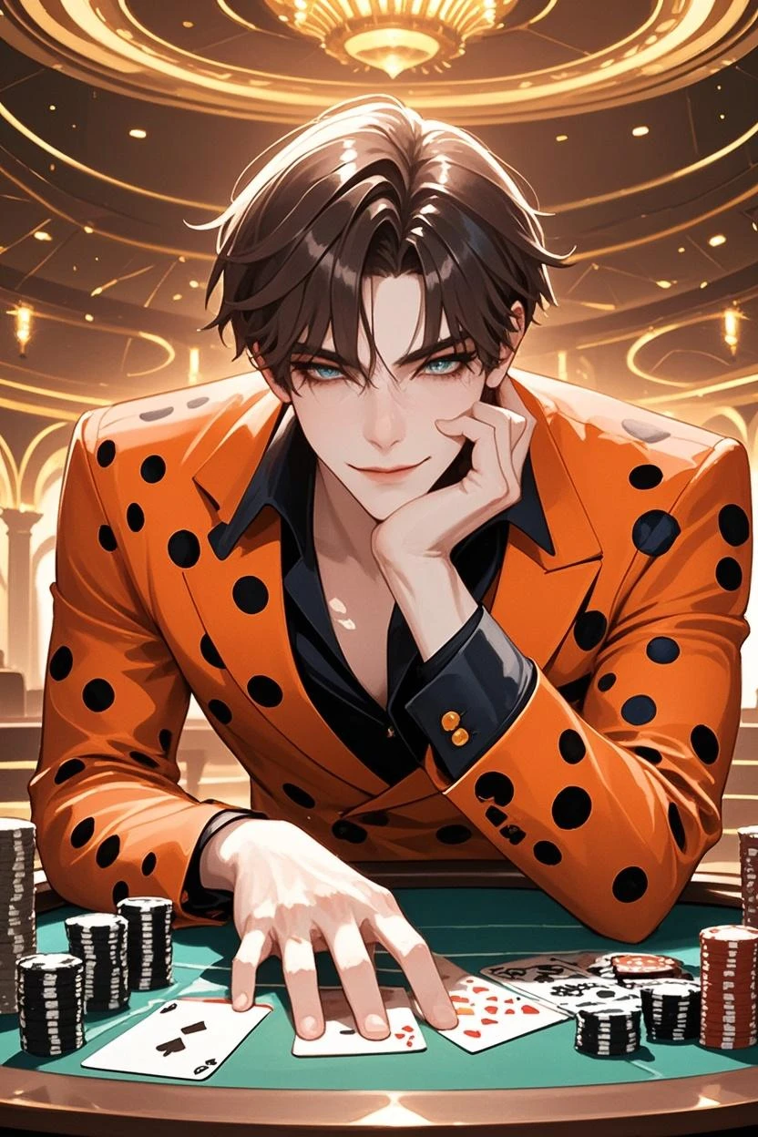 (Masterpiece, Best Quality:1.3), absurdres, (8k resolution), (Traditional Media:1.2), Manga, illustration, <lora:LiRengFang-03:0.8>, male focus, foot out of frame, sitting, (changpao:1.3), crossed legs, seductive smile, (detailed face, detailed eyes:1.2), sharp focus, (details:1.2), (depth of field), high quality, (twilight:1.3), bokeh, sparkle, dynamic pose, head rest, contrapposto, (shadow), casino, playing card