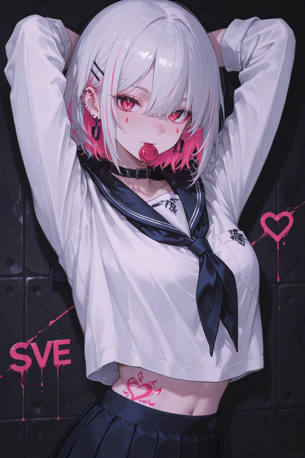 komi shouko,(A white border around a red rectangular background:2.5),revealing her belly,huge tit,whitesweater,High detail,ahegao face,Moles under eyes, Heart-shaped pupils,Love pupils,Lots of hearts,Fleshy thighs,highly rendered,detailed face with