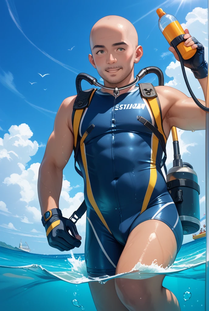 there is a muscular stocky chubby man sitting on a boat floating in the water,in the crystal clear aqua ocean water,  floating on the ocean, handsome manly face with detailed facial features, correct male anatomy, wearing wet diving suite with life jacket, wearing cyan color transparent thin thong underwear highlighing his big bulge, sitting with opened legs and spread his big thighs, big calves, there is a yellow rope  tie to bar beside his left foot, he is looking away to his left side, black stomary sky and mountain and ocean background, focus on his inner thighs shoot, flawless skin, big bicpes, big shoulders, he is locking his hands in front of his body, illustration art, realistic