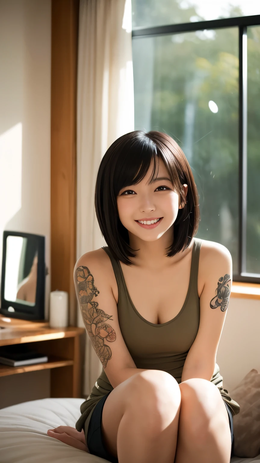 One girl, one girl, one person, japanese girl, mischievous smile, devilish smile, grinning smile, Japanese girl, 20 year old girl, beautiful, pretty face, cute face, mischievous expression, Plain tank top, Plain tank top, large breast, ((angel tattoo on arm)), short hair, silver hair